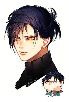 1boy black_shirt blue_hair cape closed_mouth commentary cropped_shoulders dark_blue_hair disgust english_commentary felix_hugo_fraldarius felix_hugo_fraldarius_(timeskip) fire_emblem fire_emblem:_three_houses fur-trimmed_cape fur_trim jitome looking_at_viewer male_focus multiple_views nintendo qiniing shirt simple_background turtleneck white_background white_fur yellow_eyes