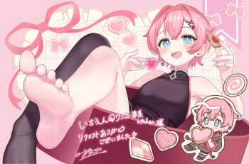 1girl :d bare_shoulders black_pantyhose black_shirt blue_eyes blush border character_request chibi commentary_request commission copyright_request crossed_bangs double-parted_bangs feet grid_background hair_ornament ham3c highres looking_at_viewer open_mouth outside_border pantyhose pink_border pink_hair shirt short_hair signature single_bare_foot single_leg_pantyhose skeb_commission sleeveless sleeveless_shirt smile soles toes virtual_youtuber white_background x_hair_ornament