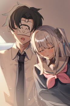 Rule 34 | 1boy, 1girl, absurdres, black hair, black necktie, blue archive, blue shirt, blush, bow, braid, closed eyes, collared shirt, commentary, doodle sensei (blue archive), grey hair, half up braid, head on another's shoulder, highres, kaedemaru, long hair, miyako (blue archive), necktie, one side up, open mouth, pink bow, sailor collar, sensei (blue archive), shirt, short hair, sleeping, very short hair, white sailor collar, white shirt