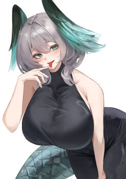 1girl absurdres arknights black_dress breasts curvy dress grey_hair head_wings highres ho&#039;olheyak_(arknights) large_breasts looking_at_viewer medium_hair remapack77 snake_tail solo tail wings
