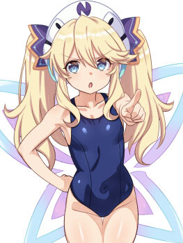 1girl blonde_hair blue_eyes blue_one-piece_swimsuit breasts choujigen_game_neptune hair_between_eyes hat highres histoire loli long_hair looking_at_viewer neptune_(series) one-piece_swimsuit open_mouth pointing simple_background small_breasts swimsuit thighs twintails zatsu