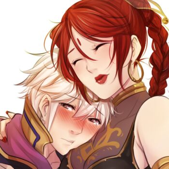 1boy 1girl :t armlet bare_shoulders bindi blush braid breast_pillow breast_smother breasts brown_eyes earrings face_to_breasts facial_mark fire_emblem fire_emblem:_the_sacred_stones fire_emblem_awakening forehead_mark full-face_blush hetero hoop_earrings hug jewelry lips lipstick long_hair lowres makeup male_robin_(fire_emblem) nail_polish nintendo red_hair short_hair silver_hair single_braid tethys_(fire_emblem) tusia
