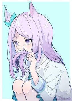 1girl alternate_costume animal_ears aqua_background aqua_bow aqua_skirt border bow commentary_request covered_mouth ear_bow ear_ornament from_side hand_up highres holding holding_own_hair horse_ears horse_girl kadokura_(sushiu_max) knees knees_to_chest knees_up long_hair long_sleeves looking_ahead mejiro_mcqueen_(umamusume) outside_border purple_eyes purple_hair shirt simple_background sitting skirt solo twitter_username umamusume upper_body white_border white_shirt