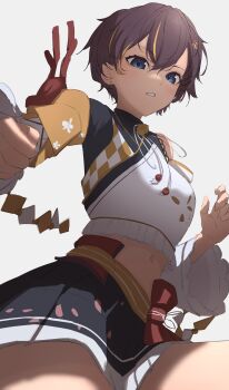 Rule 34 | 1girl, absurdres, black kimono, black shirt, blonde streaks, blue eyes, brown hair, clenched hand, clenched teeth, commentary request, commission, cowboy shot, crop top, detached sleeves, double-parted bangs, grey background, hair ornament, hakama, hakama short skirt, hakama skirt, highres, incoming attack, incoming punch, japanese clothes, kaekae kaeru, kimono, looking at viewer, midriff, miniskirt, multicolored hair, multicolored kimono, navel, pleated skirt, punching, sanada yukiha, shirt, short hair, simple background, single detached sleeve, skeb commission, skirt, solo, streaked hair, teeth, unifee, v-shaped eyebrows, virtual youtuber, white kimono, yellow kimono