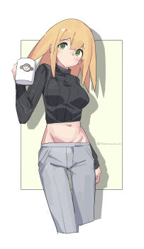 1girl absurdres alternate_costume black_sweater blonde_hair blush breasts cowboy_shot cropped_sweater cup data_(mega_man) denim grey_pants highres holding holding_cup huanxiang_huifeng large_breasts medium_hair mega_man_(series) mega_man_legends_(series) midriff navel pants roll_caskett_(mega_man) solo sweater twitter_username