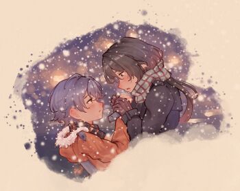 2girls alternate_costume animal_ears belle_(zenless_zone_zero) black_hair black_jacket blue_eyes blue_hair brown_background brown_gloves commentary crossed_bangs earrings english_commentary from_side fur-trimmed_jacket fur_trim gloves green_eyes green_scarf hair_between_eyes highres holding_hands jacket jane_doe_(zenless_zone_zero) jewelry long_hair looking_at_another mouse_ears mouse_girl multicolored_hair multiple_girls open_mouth orange_jacket plaid_clothes plaid_scarf red_hair rory_ame scarf short_hair snowing upper_body winter yuri zenless_zone_zero