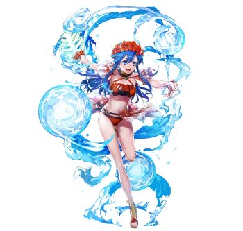 1girl bare_arms bikini blue_eyes blue_hair bracelet breasts bunbun fire_emblem fire_emblem:_the_binding_blade fire_emblem_heroes flower full_body hair_ornament hands_up head_wreath hibiscus high_heel_sandals highres holding jewelry leaf leg_up lilina_(fire_emblem) lilina_(summer)_(fire_emblem) long_hair medium_breasts navel nintendo official_art open_mouth red_bikini sandals second-party_source simple_background solo stomach swimsuit thighs toes transparent_background water water_drop white_background
