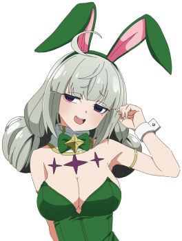 1girl adjusting_hair ahoge animal_ears araga_kiwi breasts cleavage commentary_request donguri_(reji22) fake_animal_ears green_hair hair_ornament highres large_breasts looking_to_the_side mahou_shoujo_ni_akogarete open_mouth playboy_bunny rabbit_hair_ornament red_eyes smile solo teeth upper_body upper_teeth_only wrist_cuffs