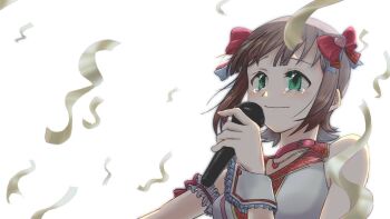 amami_haruka choker green_eyes hair_ribbon idol idolmaster idolmaster_(classic) light_blush looking_afar microphone naoharuari7 red_ribbon ribbon sidelocks smile stage tears white_background wrist_cuffs