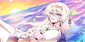 1boy 1girl afloat black_gloves black_ribbon blush bow bowtie brown_hairband caelus_(honkai:_star_rail) collared_shirt electronduck fingerless_gloves firefly_(honkai:_star_rail) firefly_(spring_missive)_(honkai:_star_rail) gloves gradient_eyes gradient_hair green_bow green_bowtie green_pupils grey_hair hair_between_eyes hair_intakes hair_ornament hair_ribbon hairband highres honkai:_star_rail honkai_(series) in_water long_hair multicolored_eyes multicolored_hair open_mouth reaching reaching_towards_another ribbon shirt smile sunset trailblazer_(honkai:_star_rail) twitter_username white_shirt