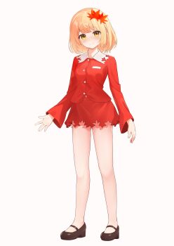 Rule 34 | 1girl, absurdres, aki shizuha, blonde hair, breasts, brown shoes, chinese commentary, commentary request, full body, hair ornament, highres, leaf, leaf hair ornament, long sleeves, looking at viewer, maple leaf, maple leaf hair ornament, medium hair, miniskirt, orange shirt, orange skirt, shirt, shoes, simple background, skirt, small breasts, smile, solo, touhou, white background, wrainman, yellow eyes