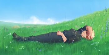 1girl absurdres belt_around_waist black_jacket black_pants blonde_hair blue_sky boots cigarette day fluffkaiser from_side grass highres imperial_russian_army jacket lying military military_uniform on_back on_grass on_ground original outdoors pants resting russia russian_civil_war russian_flag sky sleeping sleeves_rolled_up smoking soldier solo white_army