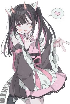 Rule 34 | 1boy, ;p, animal ear fluff, animal ears, black hair, black horns, blunt bangs, blush, cho kaguya-hime!, commentary request, cowboy shot, crossdressing, crossdressing (mtf), detached sleeves, frilled kimono, frilled socks, frills, gradient horns, gyaru v, heart, highres, horns, japanese clothes, kimono, komazawa noi, long hair, looking at viewer, male focus, mary janes, multicolored hair, multicolored horns, one eye closed, pink horns, pink kimono, pink streaks, shoes, smile, socks, solo, speech bubble, spoken heart, streaked hair, tail, tiger ears, tongue, tongue out, twintails, two-tone hair, upper body, uta (utamilk), v, white background