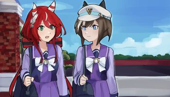 Rule 34 | 2girls, absurdres, animal ears, bag, blue hair, blue sky, brown hair, cheval grand (umamusume), commentary, english commentary, green eyes, hat, highres, horse ears, horse girl, making-of available, multiple girls, neeevirus, peaked cap, red hair, ribbon, school gateway, school uniform, serafuku, sky, tracen school uniform, umamusume, white hat, white ribbon, win variation (umamusume)