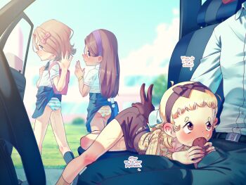 1boy 3girls aftersex age_difference ass backpack bag black_socks blonde_hair bow bow_hairband bracelet brown_eyes brown_hair brown_skirt car clothes_lift commission cum cum_overflow english_text fellatio from_behind hair_bow hairband highres jewelry kneehighs lewlem loli long_hair long_sleeves looking_back lying motor_vehicle multiple_girls on_stomach oral original panties penis pink_bow pleated_skirt purple_hairband school_uniform shirt short_hair short_sleeves skirt skirt_lift socks striped_clothes striped_panties thighs uncensored underwear vehicle_interior white_shirt yellow_shirt
