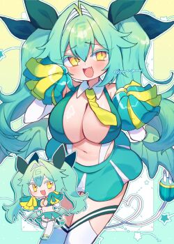 1girl :d blush breasts character_request cheerleader cleavage commentary_request copyright_request cowboy_shot double-parted_bangs fang green_hair green_ribbon green_skirt hair_between_eyes hair_intakes hair_ribbon highres holding holding_pom_poms large_breasts long_hair looking_at_viewer miniskirt navel open_mouth pom_pom_(cheerleading) pom_poms ribbon skin_fang skirt smile thighhighs twintails white_thighhighs yellow_eyes yomoi