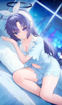 Rule 34 | 1girl, absurdres, bare legs, blue archive, blue halo, blue pajamas, blue shirt, blue shorts, bow, bow hairband, breasts, cleavage, closed mouth, commentary, hair bow, hairband, halo, highres, indoors, kooriais, long hair, looking at viewer, lying, mechanical halo, medium breasts, navel, official alternate costume, on side, pajamas, pillow, purple eyes, purple hair, shirt, short shorts, shorts, smile, solo, white hairband, yuuka (blue archive), yuuka (pajamas) (blue archive)