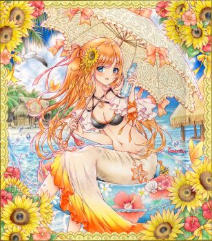 1girl absurdres animal artist_name besanten bikini bikini_top_only bird black_bikini blue_eyes blush border bottle bow breasts bug butterfly commentary crease day english_commentary feet_out_of_frame floral_border hair_bow hand_up highres holding holding_bottle holding_umbrella insect linea_alba long_hair looking_at_viewer marker_(medium) medium_breasts multicolored_sarong navel on_innertube one_side_up open_mouth orange_bow orange_hair original ornate_border outdoors parasol parted_bangs sarong scan seagull signature sitting solo stomach swimsuit traditional_media umbrella water water_bottle white_sarong