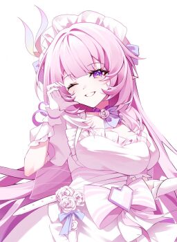 1girl ;) alternate_costume breasts commentary_request cyrene_(demiurge)_(honkai:_star_rail) cyrene_(honkai:_star_rail) diamond-shaped_pupils diamond_(shape) dress flower half-heart_hands hi_i_dubu highres honkai:_star_rail honkai_(series) korean_commentary large_breasts long_hair looking_at_viewer maid_headdress one_eye_closed pink_flower pink_hair pointy_ears purple_eyes simple_background smile solo symbol-shaped_pupils upper_body very_long_hair white_dress