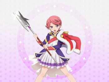 1girl earrings game_cg halberd holding holding_polearm holding_weapon isurugi_futaba jacket jacket_on_shoulders jewelry long_sleeves looking_at_viewer official_art pleated_skirt polearm purple_eyes purple_jacket red_hair red_jacket red_sash sash short_hair shoujo_kageki_revue_starlight shoujo_kageki_revue_starlight_-re_live- skirt solo standing upper_body v-shaped_eyebrows weapon white_skirt
