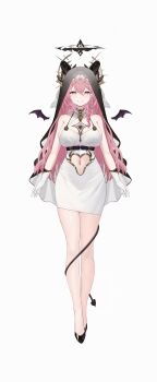 Rule 34 | 1girl, absurdres, black halo, black horns, black shoes, black tail, black veil, black wings, braid, breasts, chinese commentary, clothing cutout, commentary request, dress, full body, gloves, grin, hair between eyes, halo, highres, horns, incredibly absurdres, kloa (virtuareal), large breasts, long hair, looking at viewer, navel cutout, nijisanji, official art, pink hair, shoes, sleeveless, sleeveless dress, smile, solo, standing, stomach, straight-on, tachi-e, veil, virtual youtuber, virtuareal, white dress, white gloves, wings, yellow eyes