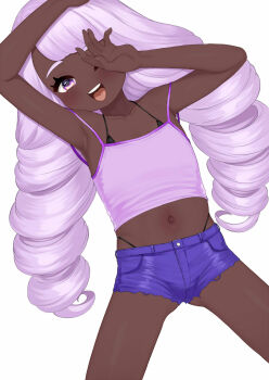 1girl aged_down armpits atg_(wttoo0202) bikini bikini_under_clothes blush dark-skinned_female dark_skin female_focus flat_chest heart heart-shaped_pupils highres jacinthe_(pokemon) loli long_hair micro_bikini navel nintendo pokemon pokemon_legends:_z-a purple_eyes shorts smile solo stomach swimsuit symbol-shaped_pupils tank_top thighs thong underwear white_background