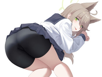 1girl absurdres ahoge all_fours animal_ears ass bike_shorts bike_shorts_under_skirt black_shorts blue_archive commentary_request fox_ears fox_girl from_behind fujisawa_sorao green_halo halo highres long_hair looking_at_viewer looking_back otogi_(blue_archive) revision sailor_collar school shirt shorts solo tongue tongue_out white_background white_shirt