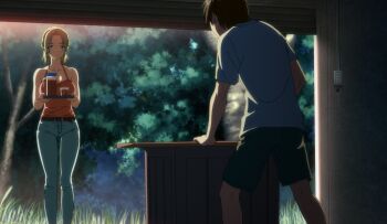 1boy 1girl 2010s 2011 age_difference barley_tea beverage_dispenser blonde_hair blouse blue_eyes breasts cleavage cross cross_earrings day earrings game_cg garage huge_breasts jellyfish_(company) jewelry kamimura_akiko keisuke_(sisters) kouzaka_kouhei latin_cross nipples official_art older_female_and_younger_male orange_tank_top outdoors ponytail shirt shy sisters_~natsu_no_saigo_no_hi~ sleeveless smile smiley_face stepmother_and_stepson taki_minashika tank_top tea uncensored visual_novel yard_work