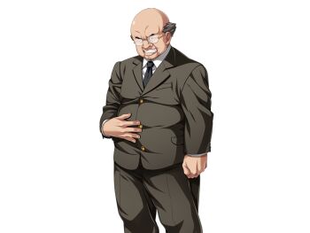 1boy angry arm_at_side asaoka_genzo balding big_nose black_eyes black_hair black_necktie buttons clenched_teeth collared_shirt dress_pants fat fat_man feet_out_of_frame frown furrowed_brow glasses grey_jacket grey_pants hand_on_own_stomach jacket kedamono-tachi_no_sumu_ie_de lapels looking_at_viewer necktie pants shirt simple_background solo standing suit_jacket takeda_hiromitsu teeth thick_eyebrows thick_lips ugly_bastard wart white_shirt