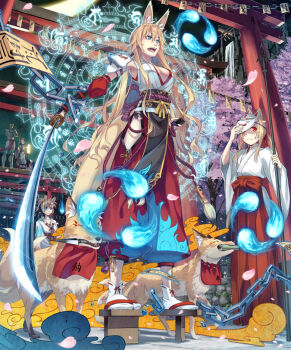 2girls animal_ears bad_id bad_pixiv_id blonde_hair blue_eyes breasts brown_hair cherry_blossoms cleavage fox_ears fox_mask fox_tail japanese_clothes katana kimura_(ykimu) long_hair mask miko multiple_boys multiple_girls original petals red_eyes siddham sword tail torii weapon