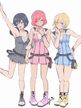 Rule 34 | 3girls, arm up, armpits, artist name, bare legs, black footwear, black hair, blonde hair, blue eyes, blue nails, bracelet, closed eyes, closed mouth, female focus, hand on own hip, highres, jewelry, junie51384919, kairi (kingdom hearts), kingdom hearts, kingdom hearts 358/2 days, kingdom hearts ii, leg up, looking at viewer, multiple girls, nail polish, namine (kingdom hearts), open mouth, pink footwear, pink hair, pink nails, short hair, signature, simple background, sleeveless, smile, standing, standing on one leg, teeth, white background, xion (kingdom hearts), yellow footwear, zipper