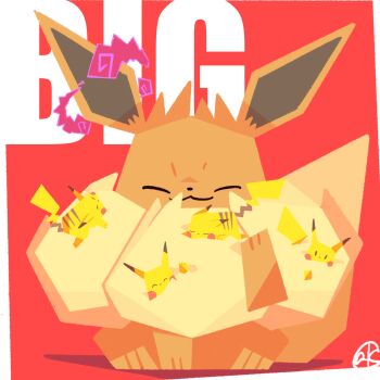 :3 closed_eyes closed_mouth commentary_request dynamax eevee english_text gen_1_pokemon gigantamax gigantamax_eevee highres karasusho nintendo no_humans pikachu pokemon pokemon_(creature) red_background signature simple_background size_difference
