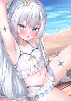 1girl armpits bikini blue_eyes breasts commentary_request female_tyrant_(stella_sora) gmkj highres long_hair looking_at_viewer navel pointy_ears small_breasts solo stella_sora swimsuit tyrant_(stella_sora) variant_set