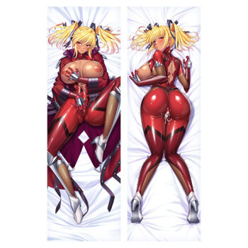1girl alternate_color ass bodysuit breasts breasts_out curvy dakimakura_(medium) dark-skinned_female dark_skin full_body grabbing_own_breast hair_ribbon huge_ass large_breasts lilith-soft looking_at_viewer pointy_ears red_bodysuit ribbon shinganji_kurenai shiny_skin taimanin_(series) taimanin_kurenai twintails wide_hips zol