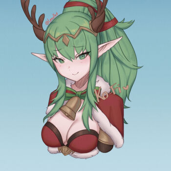 1girl alternate_costume antlers bell blue_background blush breasts capelet cleavage closed_mouth commentary cosplay cropped_torso deer_antlers english_commentary fire_emblem fire_emblem_awakening fire_emblem_heroes fur-trimmed_capelet fur_trim green_eyes green_hair highres horns lesu long_hair medium_breasts neck_bell nintendo pointy_ears ponytail red_capelet santa_costume sidelocks simple_background smile solo tharja_(&quot;normal_girl&quot;)_(fire_emblem) tharja_(fire_emblem) tharja_(fire_emblem)_(cosplay) tiki_(adult)_(fire_emblem) tiki_(fire_emblem) twitter_username