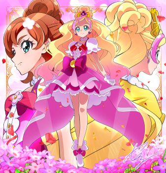1girl absurdres aqua_eyes blonde_hair boots bow brooch brown_hair cape choker closed_mouth cure_flora cure_flora_(grand_princess) earrings flower flower_brooch flower_choker flower_earrings go!_princess_precure gradient_hair green_eyes hair_flower hair_ornament haruno_haruka henshin high_heel_boots high_heels high_ponytail highres jewelry long_hair magical_girl medium_hair miniskirt multicolored_hair petticoat pink_ribbon pink_shirt pink_skirt ponytail precure puffy_short_sleeves puffy_sleeves red_bow ribbon shirt short_sleeves signature skirt solo streaked_hair tiara tirofinire very_long_hair waist_ribbon white_boots white_sleeves yellow_cape