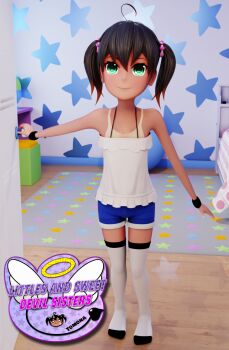 1girl 3d absurdres female_focus full_body highres incest indoors loli looking_at_viewer shiro_orochi sister solo standing tagme tan tanline twintails