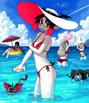 Rule 34 | ^ ^, absurdres, animal, arm up, ball, bat wings, beachball, bikini, black cat, black eyes, black hair, black one-piece swimsuit, blonde hair, blush, book, cat, closed eyes, cloud, cloudy sky, collarbone, commentary, day, eating, eleanor (justadrian), english commentary, eyewear on head, fish, frilled bikini, frills, glasses, gradient hair, grey hair, hat, highres, holding, holding animal, holding book, holding fish, innertube, justadrian (yoadriandk), licorice (justadrian), long hair, looking at viewer, lotion, mavie (justadrian), multicolored hair, multiple girls, navel, ocean, on innertube, one-piece swimsuit, open book, open mouth, original, outdoors, partially submerged, pointy ears, reading, red bikini, red hair, scarlett (justadrian), short hair, side-tie bikini bottom, sky, standing, striped clothes, striped one-piece swimsuit, summer, sun hat, sunscreen, swim ring, swimming, swimsuit, two-tone hair, two-tone one-piece swimsuit, umbrella, vertical-striped clothes, vertical-striped one-piece swimsuit, water, wet, white footwear, white one-piece swimsuit, wings