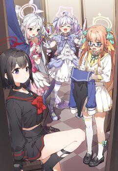 4girls :d ^_^ absurdres black-framed_eyewear black_choker black_hair black_serafuku black_shoes black_skirt blue_archive blue_eyes blue_hair blush choker closed_eyes double_v gloves halo highres loafers long_hair mashiro_(blue_archive) multicolored_hair multiple_girls open_mouth orange_hair pink_hair pink_halo purple_eyes red_eyes red_halo reisa_(blue_archive) reisa_(magical)_(blue_archive) school_uniform serafuku shimiko_(blue_archive) shimiko_(magical)_(blue_archive) shoes short_hair skirt smile socks standing suzumi_(blue_archive) suzumi_(magical)_(blue_archive) thighs two-tone_hair v white_gloves white_halo white_socks yellow_halo yukie_(kusaka_shi)