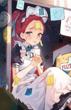 1girl absurdres apron doodle_sensei_(blue_archive) blue_archive blurry bow cameo commentary_request crying crying_with_eyes_open depth_of_field forehead hair_bow hair_ribbon halo highres in_locker interlocked_fingers knees_up long_hair looking_at_viewer maid maid_apron maid_headdress official_alternate_costume own_hands_clasped own_hands_together parted_bangs purple_eyes red_hair ribbon sensei_(blue_archive) short_sleeves sidelocks sitting solo sticky_note sweat tansuan_(ensj3875) tears yuzu_(blue_archive) yuzu_(maid)_(blue_archive)