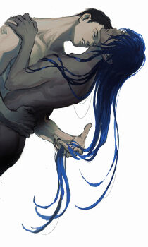 Rule 34 | 2boys, adam's apple, aidonotknow, arched back, black hair, blue hair, hair focus, hair strand focus, hand in another's hair, hand on another's back, hand on another's shoulder, head back, highres, implied after sex, knees out of frame, leaning back, legato bluesummers, logo, long hair, looking at another, male focus, midair, millions knives, multiple boys, neck, negative space, nude, parted lips, shadow, short hair, straight hair, trigun, trigun maximum, very long hair, very short hair, white background, yaoi