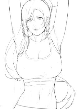 1girl alternate_costume armpits arms_up bare_shoulders breasts cleavage earrings final_fantasy final_fantasy_vii final_fantasy_vii_remake high_ponytail j@ck jewelry large_breasts long_hair looking_at_viewer midriff navel parted_lips ponytail shirt sidelocks sketch square_enix sweat swept_bangs tank_top taut_clothes taut_shirt tifa_lockhart toned unfinished very_long_hair