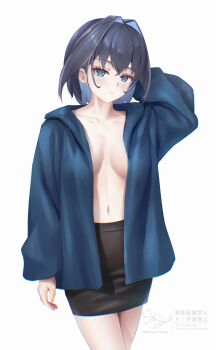 1girl absurdres arm_behind_head arm_up black_skirt blue_eyes blue_hair blue_jacket breasts chia-yu_huang commentary cowboy_shot fanged_bangs hair_intakes highres hololive hololive_english hood hooded_jacket jacket large_breasts looking_at_viewer miniskirt navel no_bra no_shirt ouro_kronii parted_lips pencil_skirt skirt solo stomach virtual_youtuber