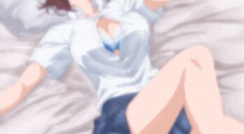 1girl animated animated_gif bed blue_bra blue_skirt blush bra breasts brown_hair button_gap buttons cleavage collarbone getsuyoubi_no_tawawa grey_eyes large_breasts looking_to_the_side lying maegami-chan_(tawawa) on_bed pillow shirt skirt solo thighs underwear white_shirt