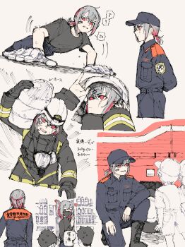 1girl absurdres alternate_costume arms_behind_back baseball_cap black_boots boots carrying child commentary_request cropped_legs exercising firefighter gloves grey_hair hat helmet highres jumpsuit looking_at_another mahou_shoujo_no_majo_saiban mask motor_vehicle mouth_mask multiple_views natch on_one_knee open_mouth people pink_eyes profile push-ups shito_alisa short_hair speech_bubble translation_request white_gloves