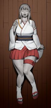 Rule 34 | 1girl, bare legs, bare shoulders, braid, breasts, collarbone, colored eyelashes, colored sclera, colored skin, colored tongue, cracked skin, detached sleeves, exhatomi, from above, full body, fusou (kancolle), grey hair, grey sclera, grey skin, grey tongue, hand up, highres, japanese clothes, kantai collection, knees together feet apart, long hair, long sidelocks, lying, no irises, no pupils, on back, open mouth, petrification, pupiless eyes, red skirt, sidelocks, skirt, socks, solid eyes, solo, statue, stone skin, teeth, thigh strap, transformation, variant set, white socks, wide sleeves, wooden floor