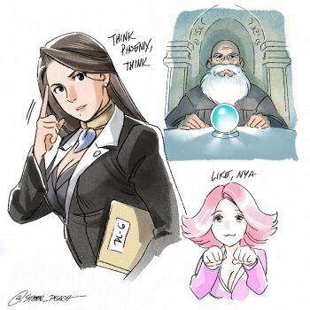 1boy 2girls :3 ace_attorney april_may beard black_eyes black_jacket breasts brown_hair cleavage connected_beard crystal_ball earrings english_text facial_hair folder full_beard highres holding holding_folder index_finger_raised jacket jewelry large_breasts long_hair long_sleeves magatama meme mia_fey mole mole_under_eye multiple_girls no_nose parted_lips paw_pose pink_hair pondering_my_orb_(meme) steel_peach the_judge_(ace_attorney) twitter_username