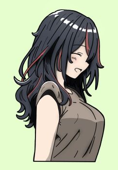 Rule 34 | 1girl, alternate costume, alternate hairstyle, black hair, blush, breasts, closed eyes, cropped torso, from side, green background, grey shirt, hibarakirari, highres, large breasts, long hair, multicolored hair, open mouth, red hair, shirt, simple background, solo, streaked hair, zenless zone zero, zhu yuan