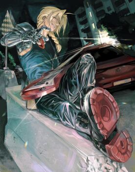 Rule 34 | 1boy, ahoge, black boots, black pants, black tank top, blonde hair, boots, braid, car, commentary, earrings, edward elric, electric guitar, fullmetal alchemist, guitar, highres, holding, holding plectrum, instrument, jewelry, long hair, male focus, mechanical arms, motor vehicle, outdoors, pants, parted bangs, parted lips, plectrum, sign, single braid, single mechanical arm, smile, solo, sseunana, stud earrings, symbol-only commentary, tank top, yellow eyes