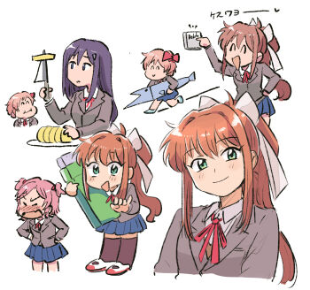artist_name blue_skirt blush bow brown_hair chibi doki_doki_literature_club green_eyes grey_jacket hair_bow highres jacket long_hair mini_person minigirl monika_(doki_doki_literature_club) multiple_girls multiple_views neck_ribbon open_mouth pen ponytail ribbon school_uniform simple_background skirt smile thighhighs tsubobot white_ribbon